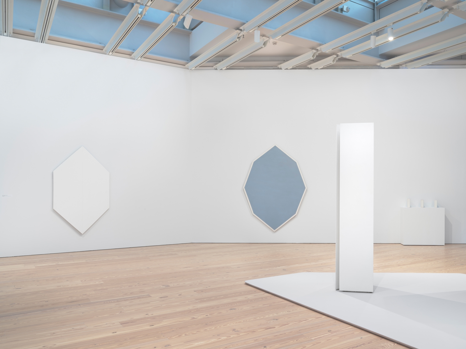 Installation photo of the 2018 exhibition Mary Corse: A Survey in Light at the Whitney Museum of American Art, New York, view 3
